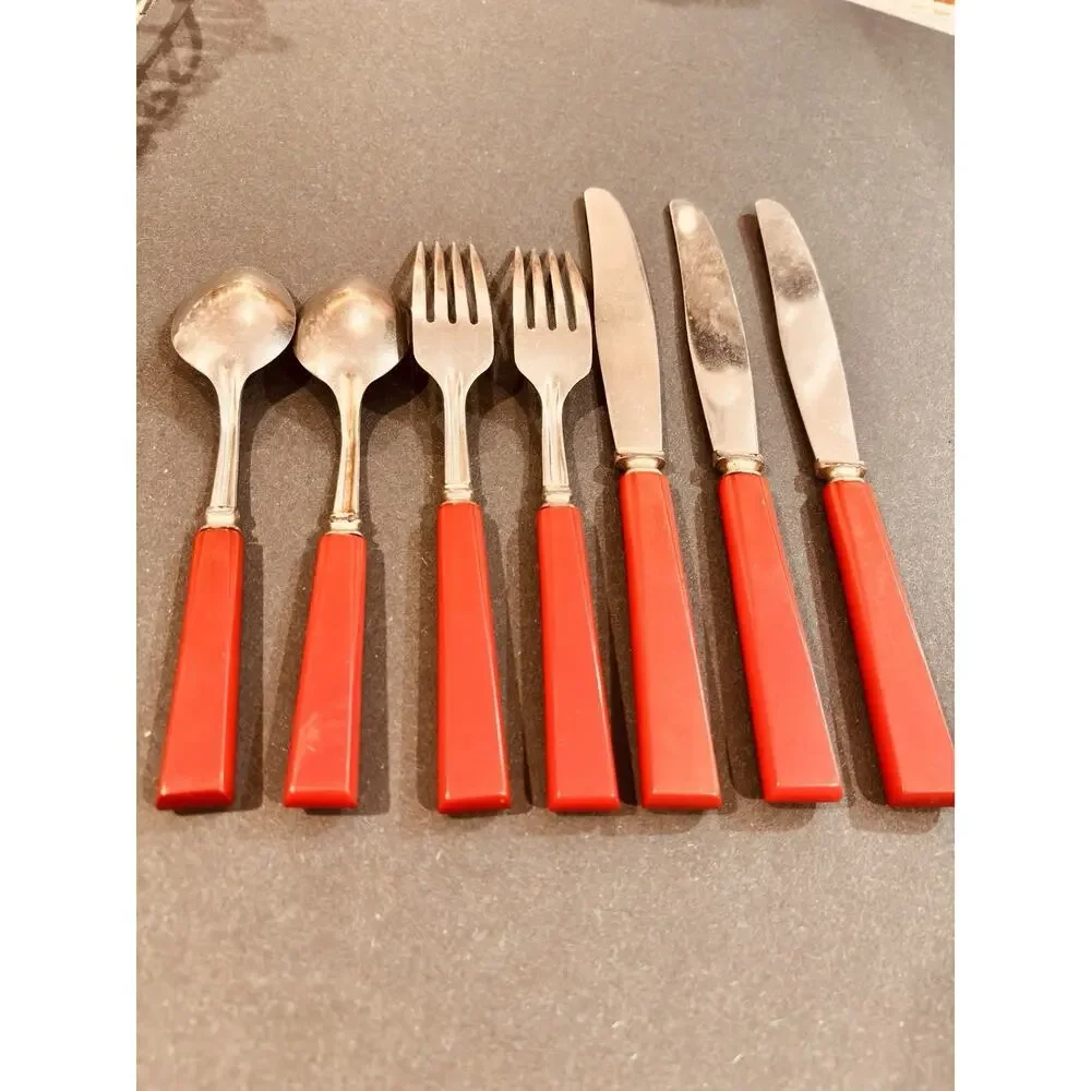 Vintage Red Bakelite Art Deco Flatware Silverware Stainless USA 7 Pcs Set